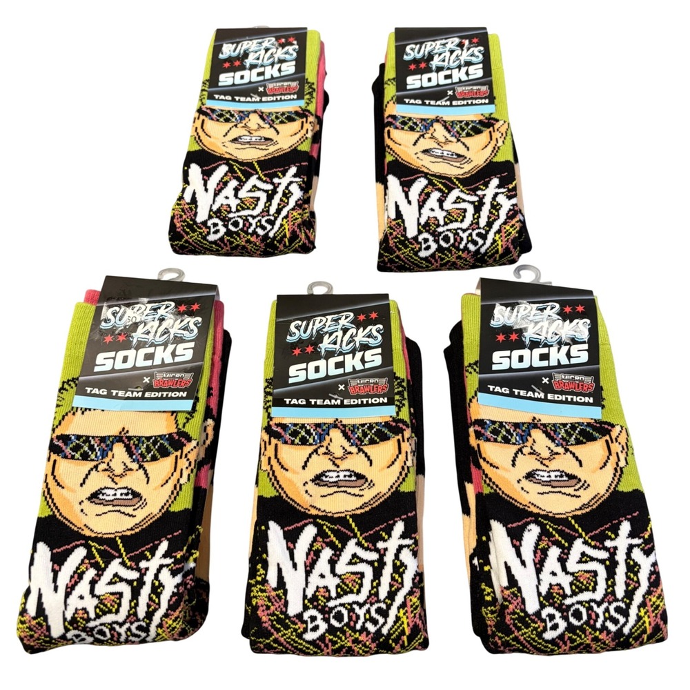 Lot 5 Pair Pro Wrestling Tees Socks Men OS Black Nasty Boys Tag Team Edition NEW